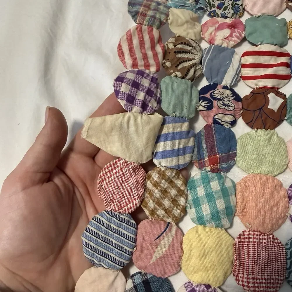 Antique Vintage Yo Yo Yoyo Circle Popcorn Handmade Sewn Quilt Coverlet 52”x84”